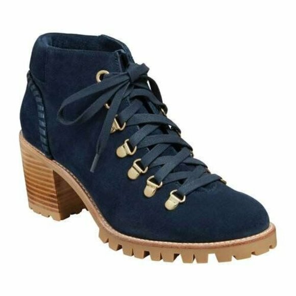 Jack Rogers Poppy Blue Suede Hikers Booties Ankle Boots Lace Front 7 M EUC Stack - Picture 1 of 7